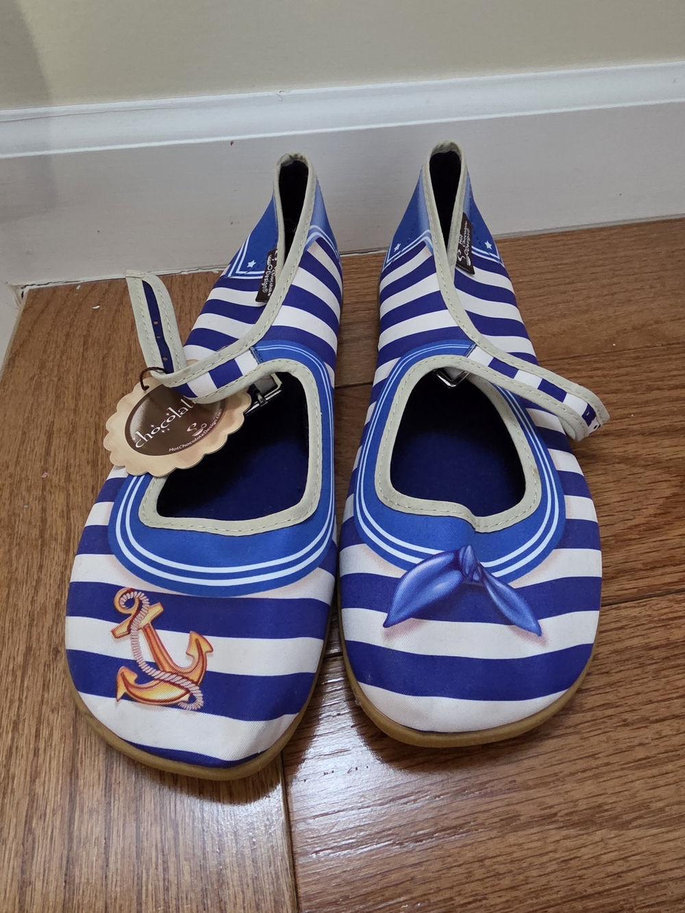 Striped Blue & White Mary Jane Flats with Nautical Appliques